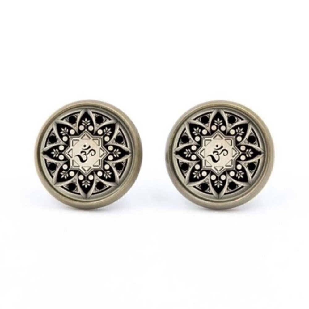 Aum Om Tree of Life Mandala Glass Cabochon Round Antique Bronze Stud Earrings
